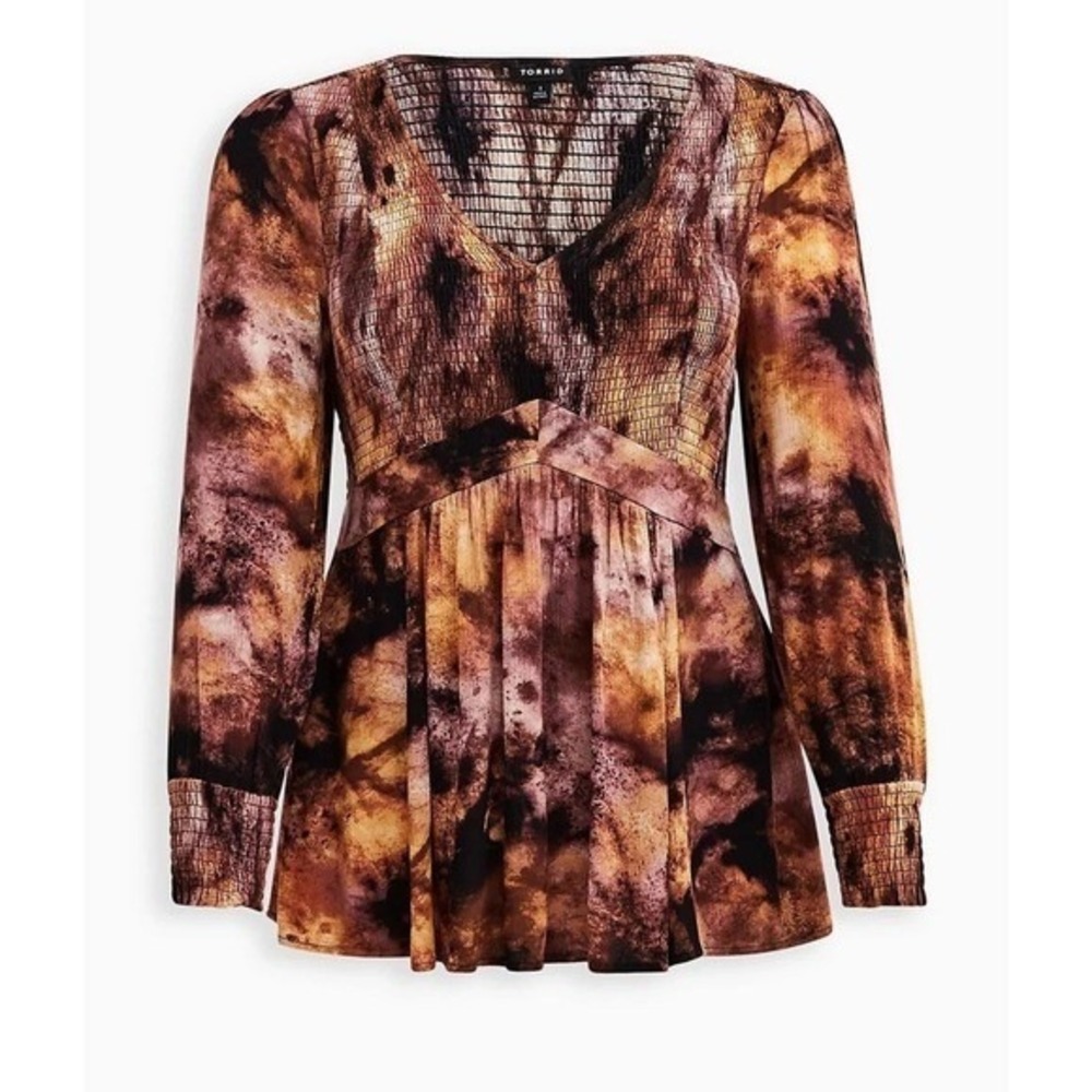 Torrid Tie Dye Babydoll Top Brown Smocked V Neck Long Sleeve‎ Peplum 1X